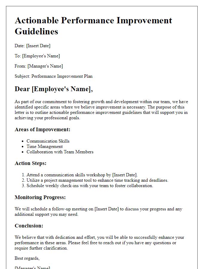 Letter template of Actionable Performance Improvement Guidelines