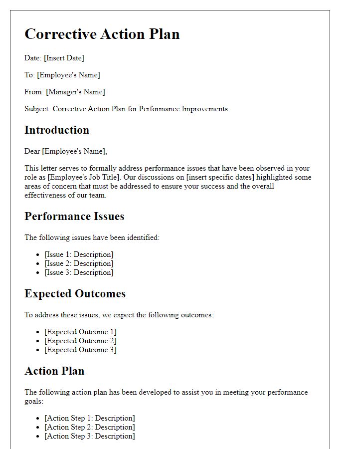 Letter template of Corrective Action Plan for Performance