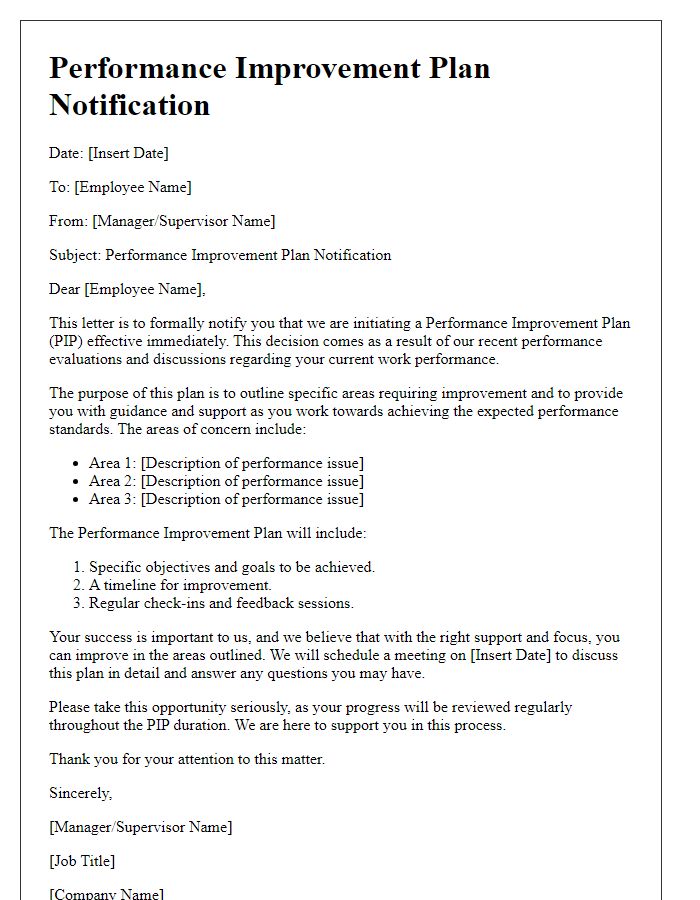 Letter template of Performance Improvement Plan Notification