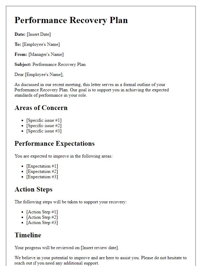 Letter template of Performance Recovery Plan