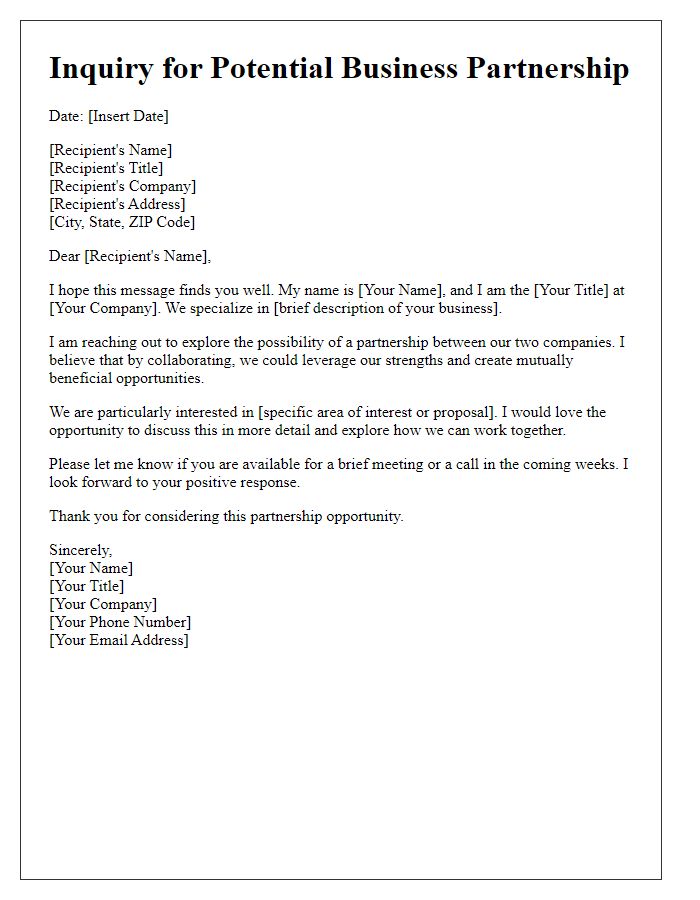 Letter template of inquiry for potential business partnership