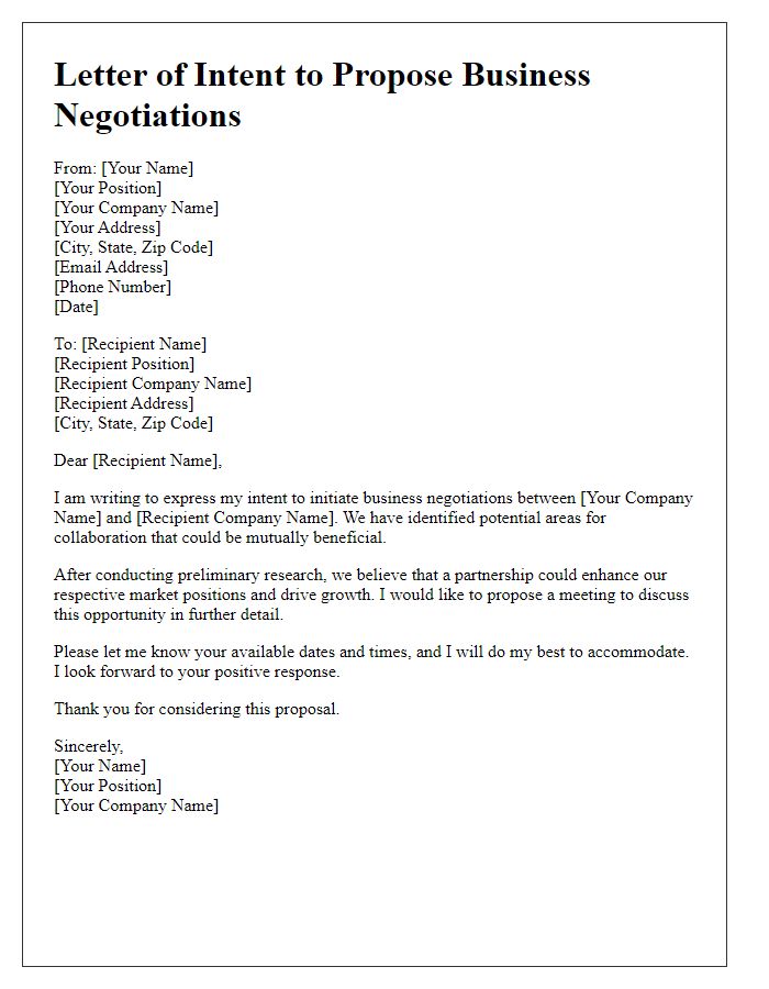 Letter template of intent to propose business negotiations