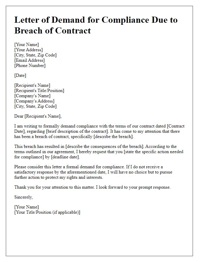 Letter template of Demand for Compliance Due to Breach of Contract