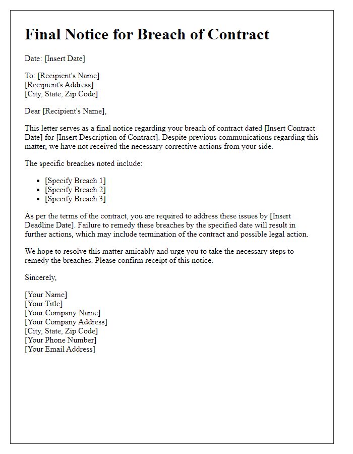 Letter template of Final Notice for Breach of Contract