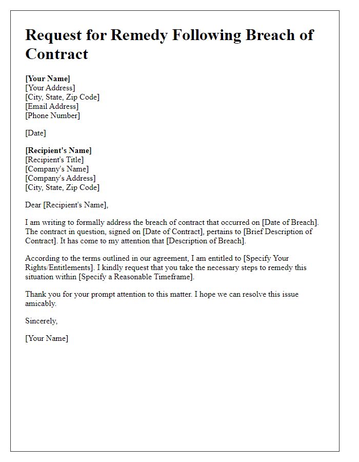 Letter template of Request for Remedy Following Breach of Contract