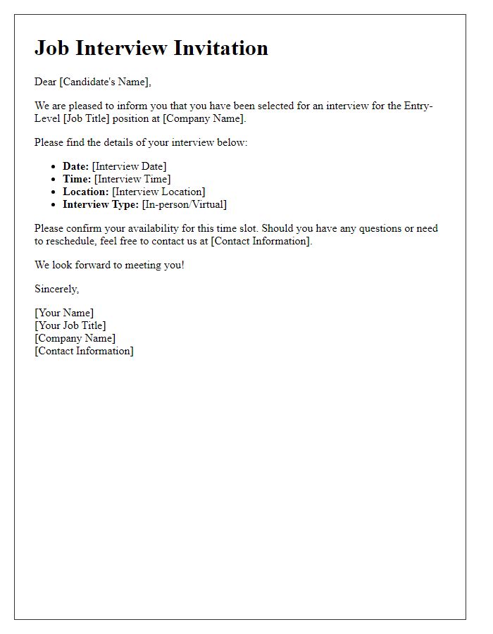 Letter template of Job Interview Invitation for Entry-Level Position