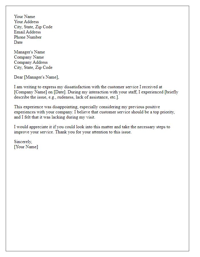 Letter template of complaint regarding poor customer service.