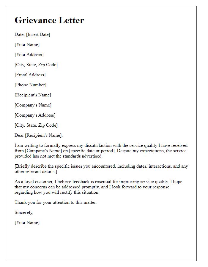 Letter template of grievance against service quality.