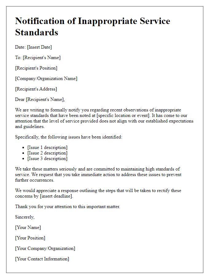 Letter template of notification regarding inappropriate service standards.