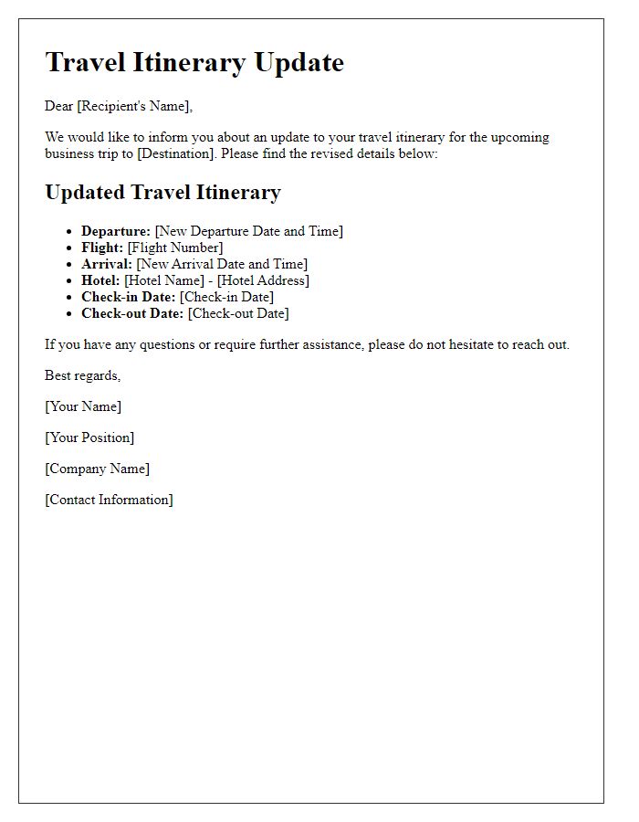 Letter template of travel itinerary update for business trip.