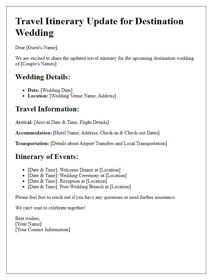 Letter template of travel itinerary update for destination wedding.