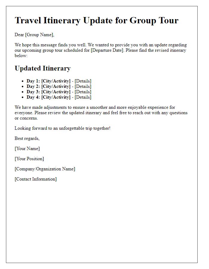 Letter template of travel itinerary update for group tour.