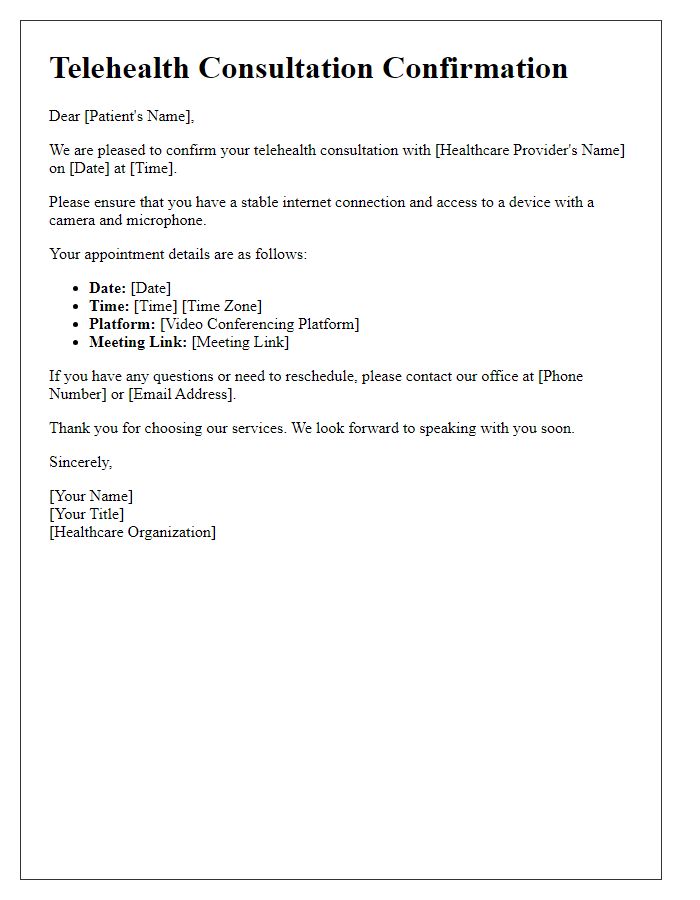 Letter template of telehealth consultation arrangement