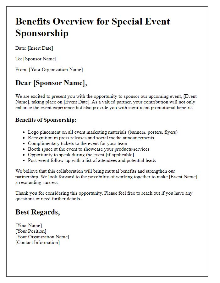 Letter template of benefits overview for special event sponsorship.