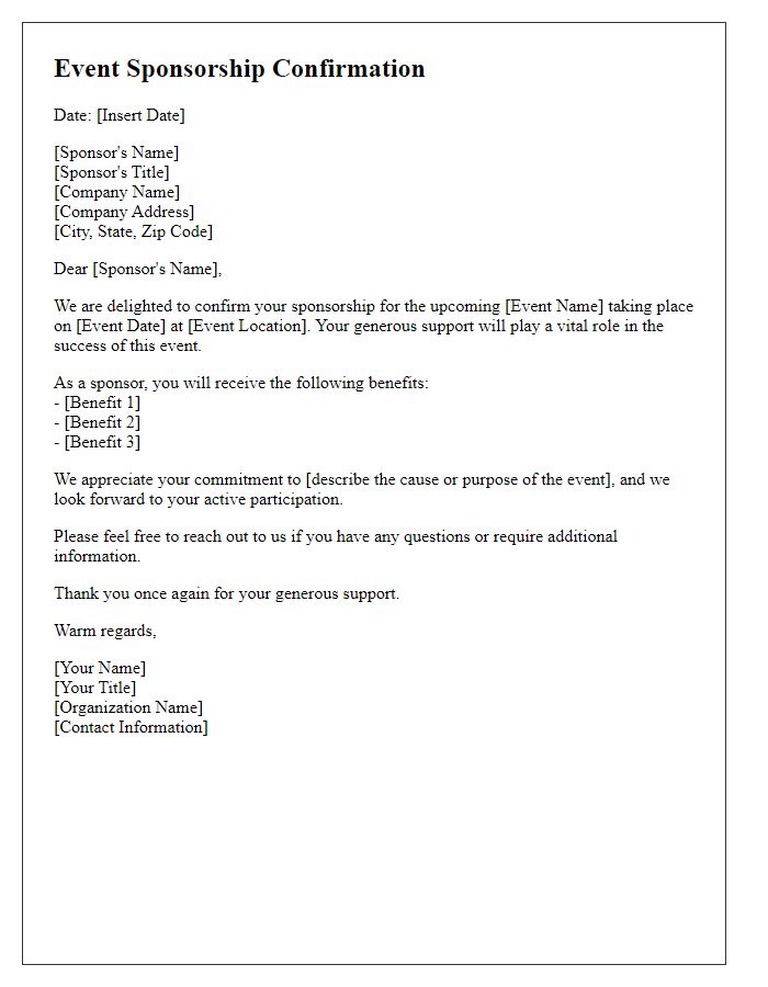 Letter template of confirmation for special event sponsorship.