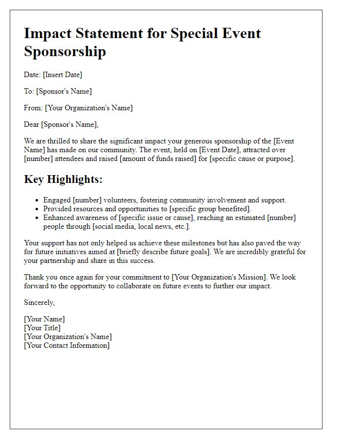 Letter template of impact statement for special event sponsorship.