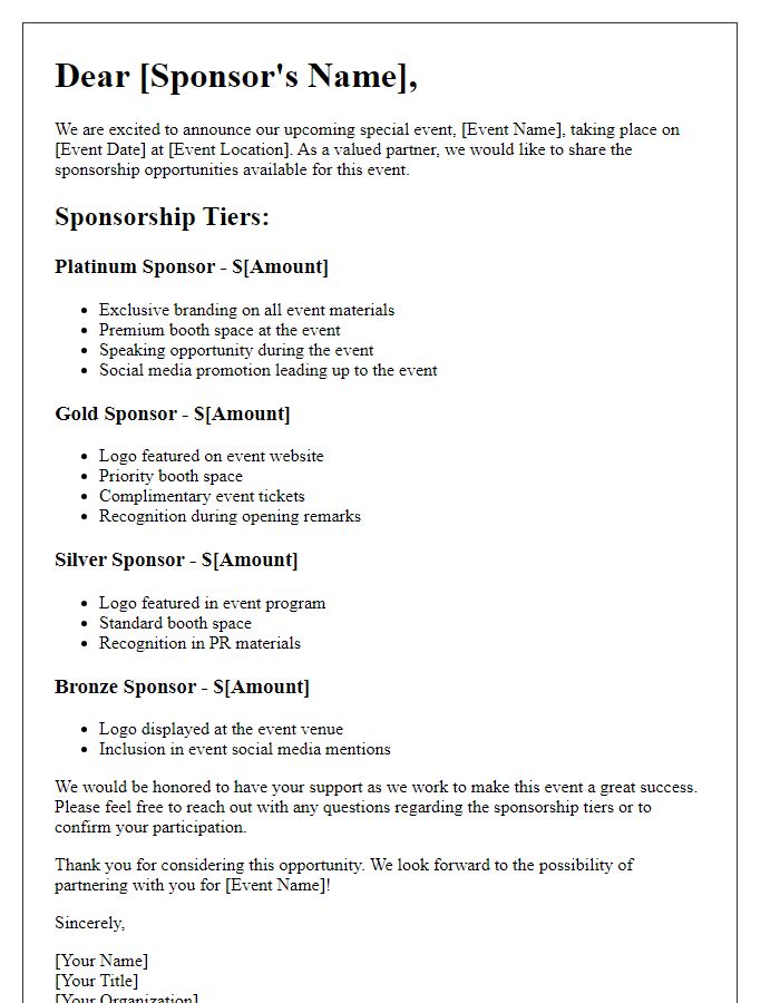 Letter template of sponsorship tier explanation for special event sponsorship.