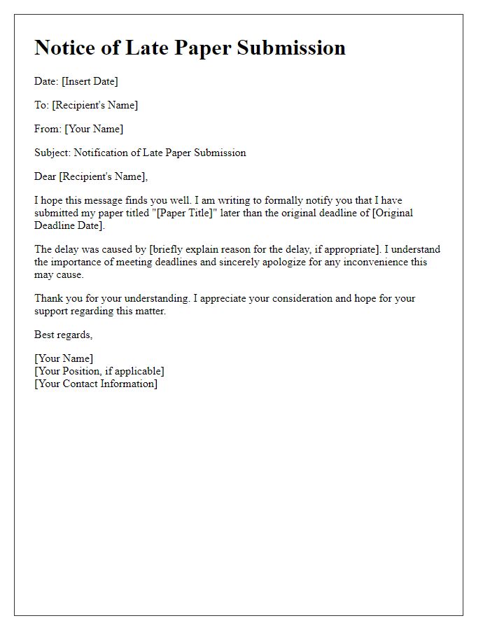 Letter template of notice regarding late paper submission