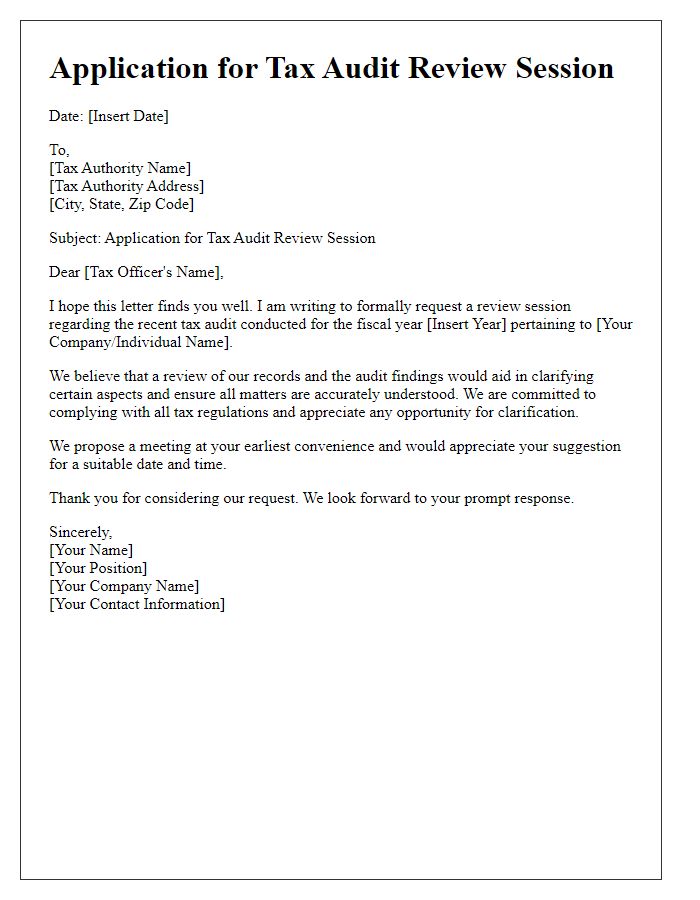 Letter template of application for a tax audit review session