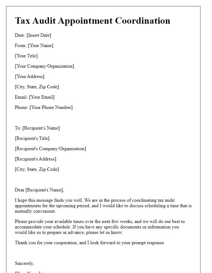 Letter template of communication for coordinating tax audit appointments