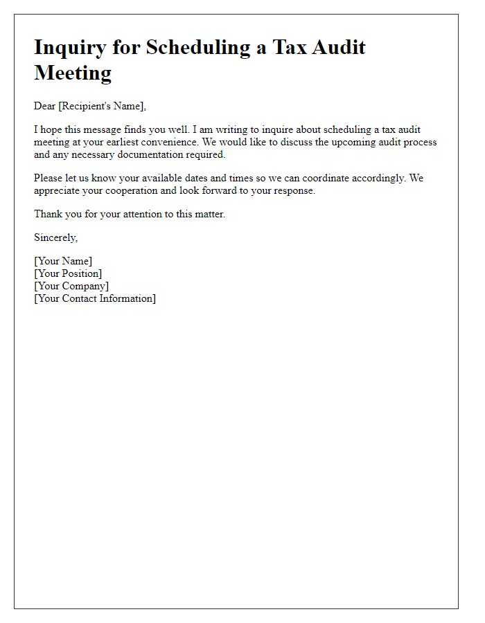 Letter template of inquiry for scheduling a tax audit meeting