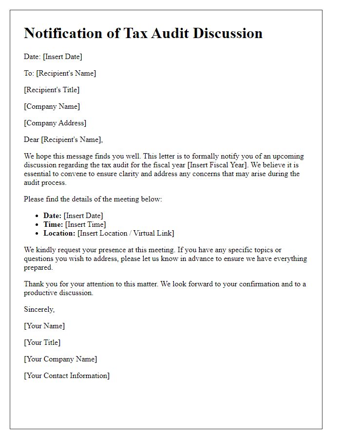 Letter template of notification for arranging a tax audit discussion