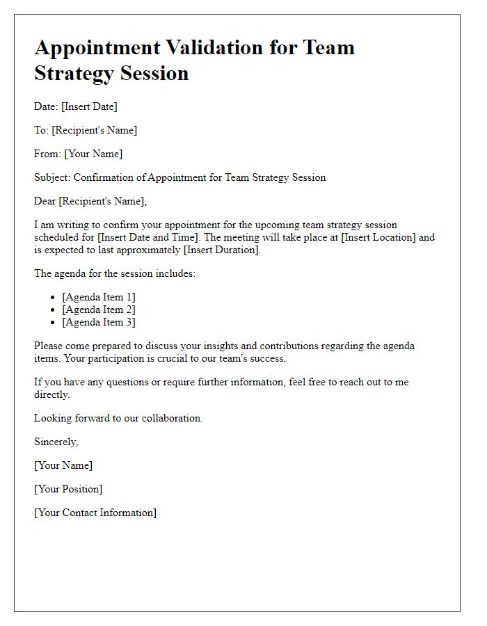 Letter template of appointment validation for team strategy session.