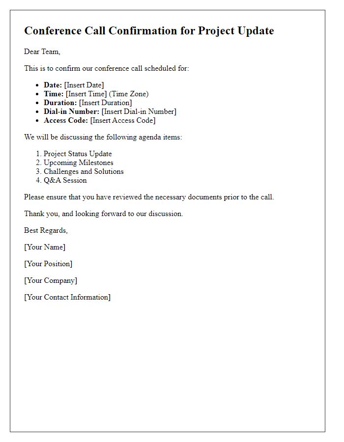 Letter template of conference call confirmation for project update.