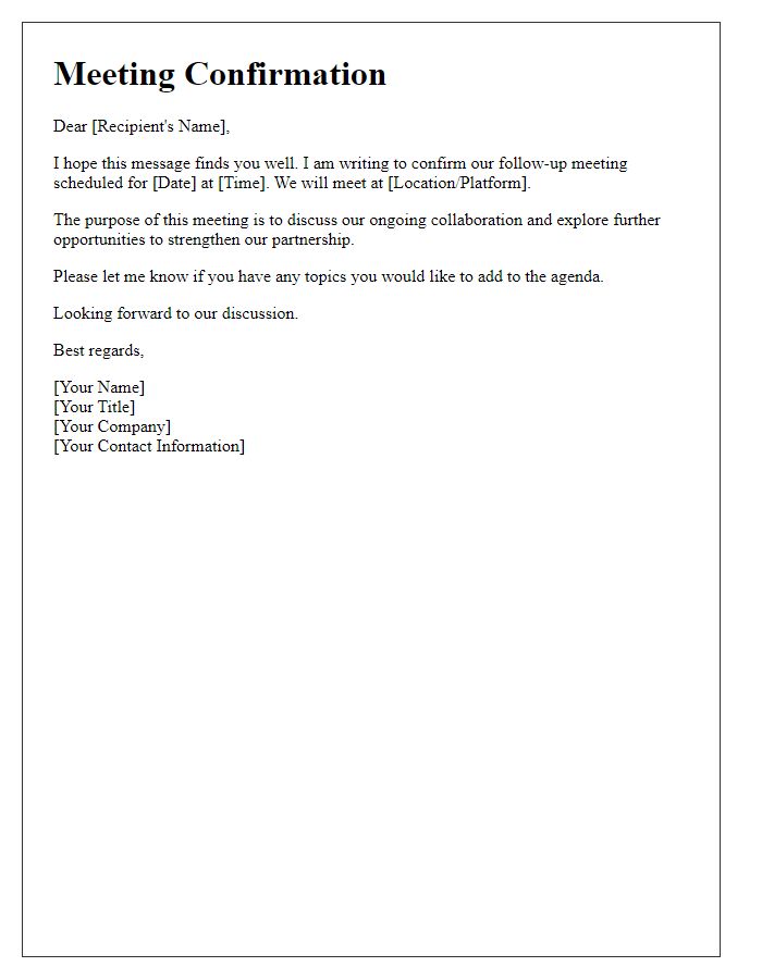 Letter template of follow-up meeting confirmation for ongoing collaboration.