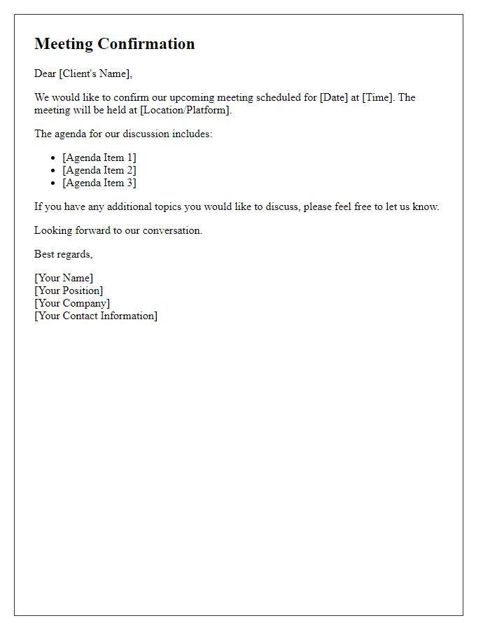 Letter template of meeting confirmation for client discussion.