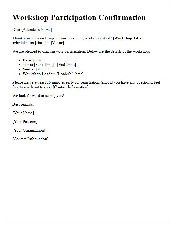 Letter template of workshop participation confirmation for attendees.