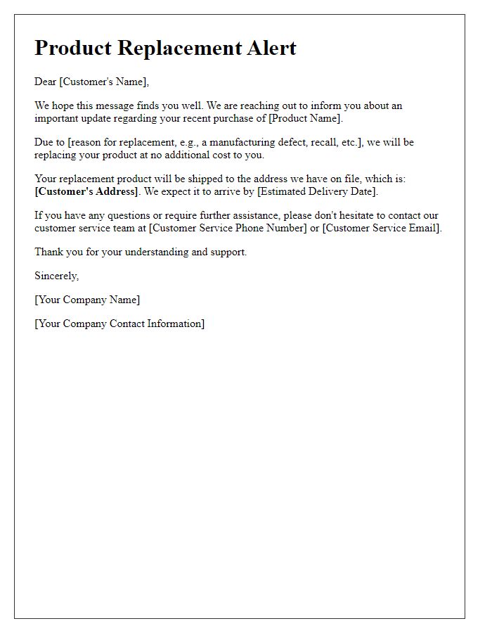 Letter template of customer service product replacement alert