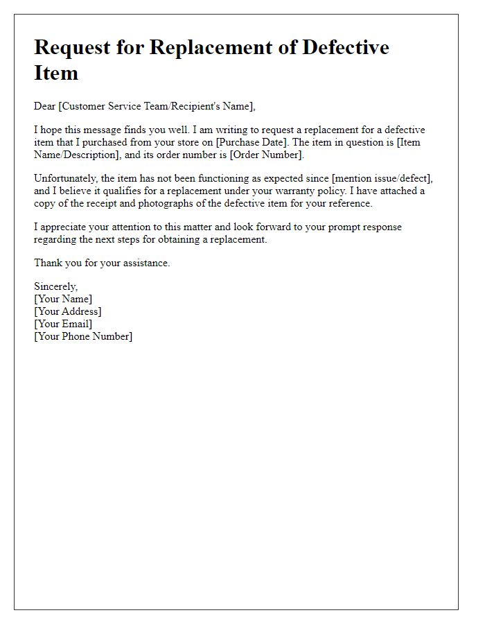 Letter template of defective item replacement message