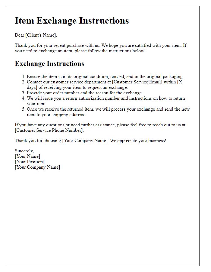 Letter template of item exchange instructions for clients