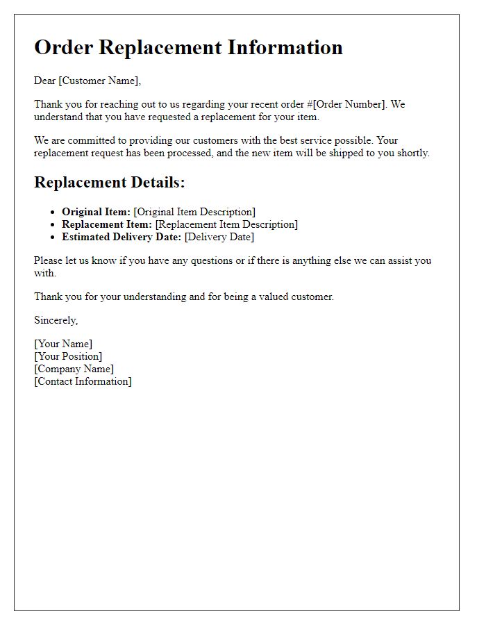 Letter template of order replacement information for consumers