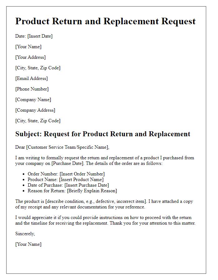 Letter template of product return and replacement details