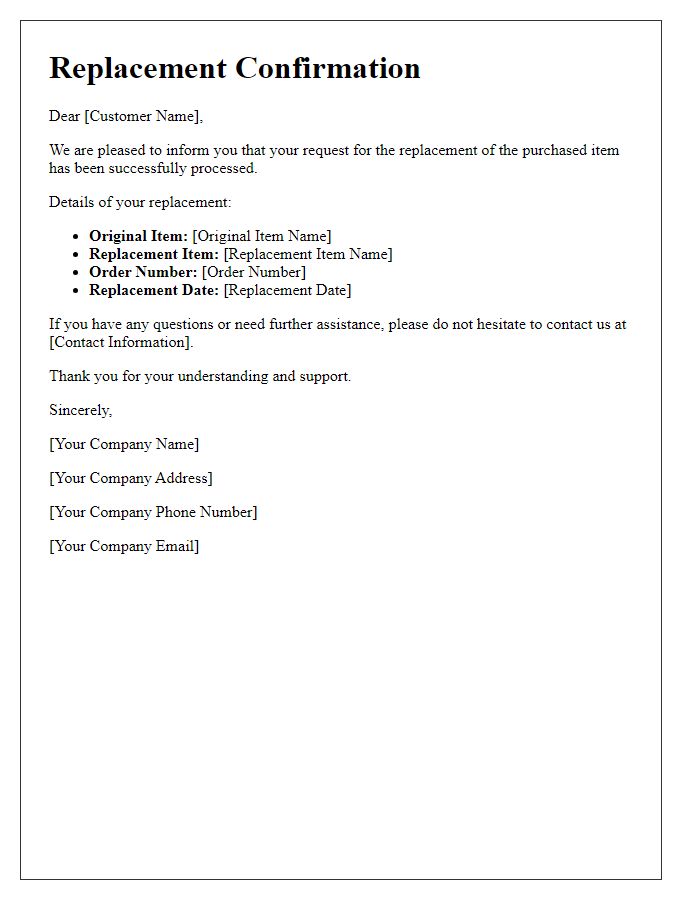 Letter template of replacement confirmation for purchased item