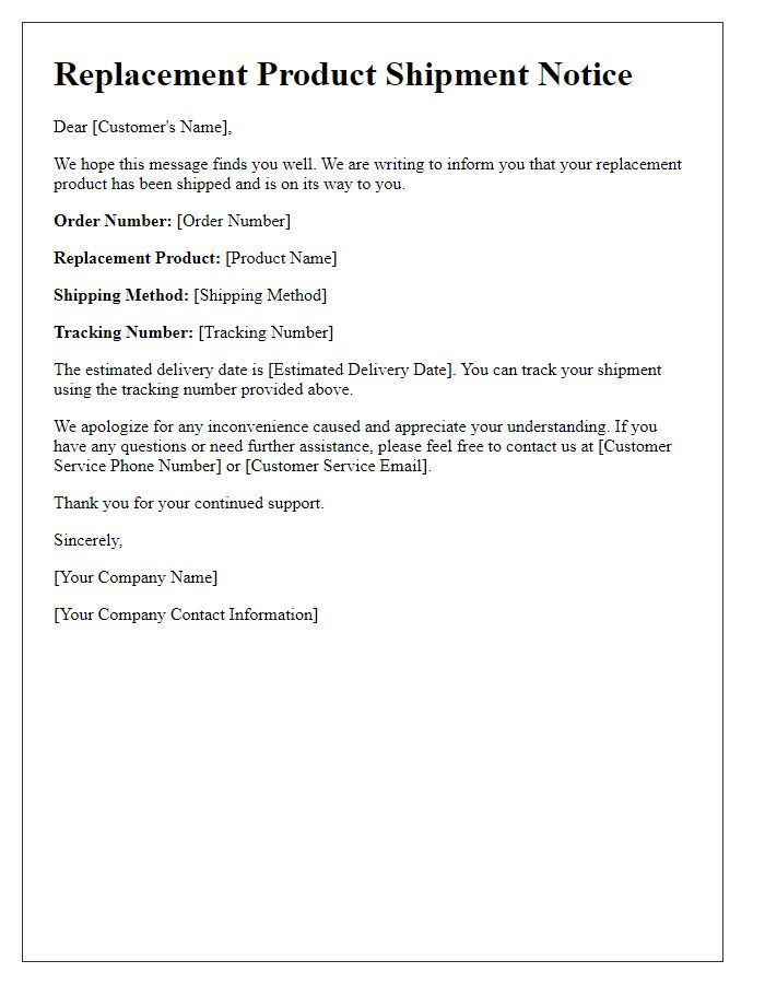 Letter template of replacement product shipment notice