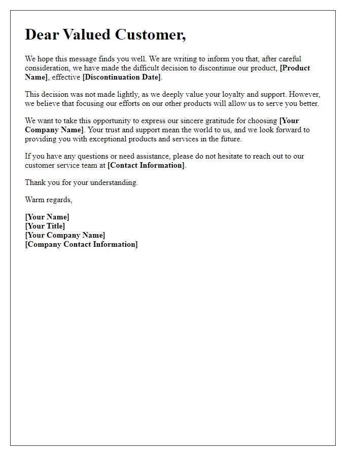 Letter template of product discontinuation announcement for loyal customers.