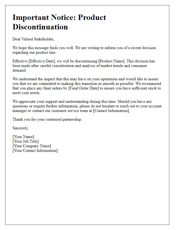 Letter template of product discontinuation circular for industry stakeholders.