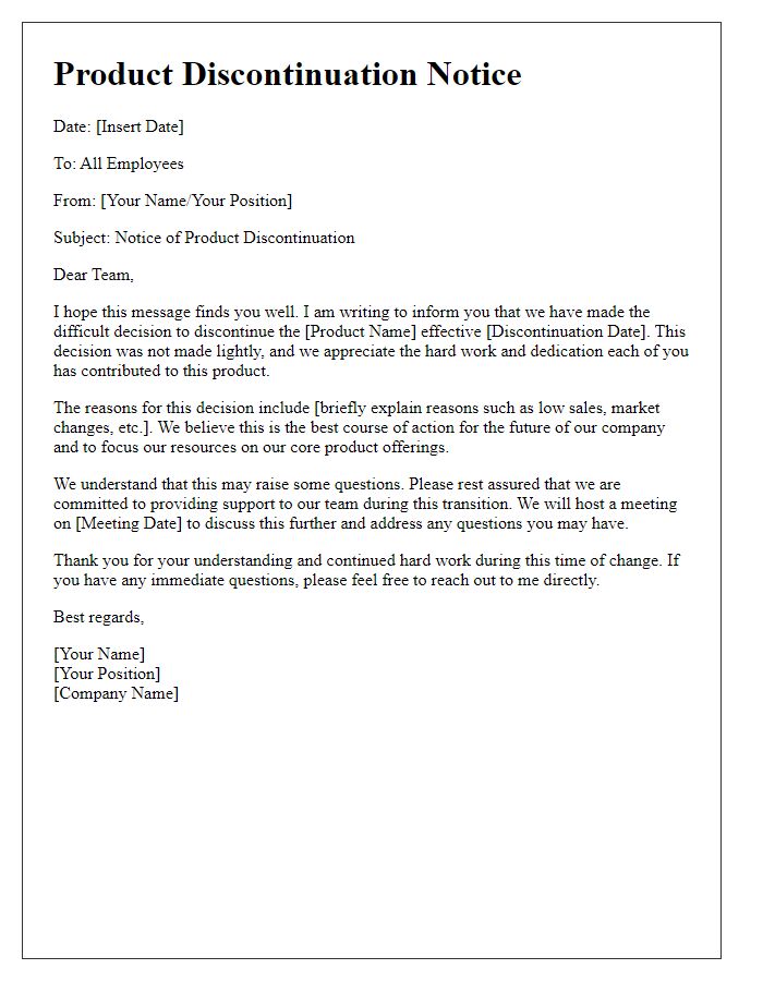 Letter template of product discontinuation message for employees.