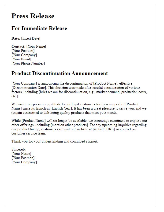 Letter template of product discontinuation news for press and media.