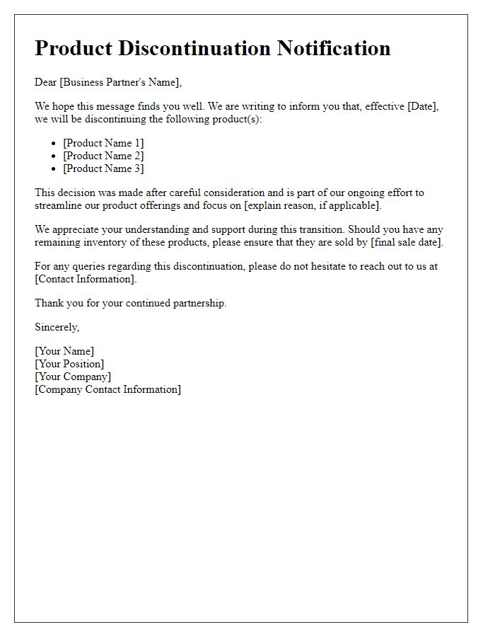 Letter template of product discontinuation notification for business partners.