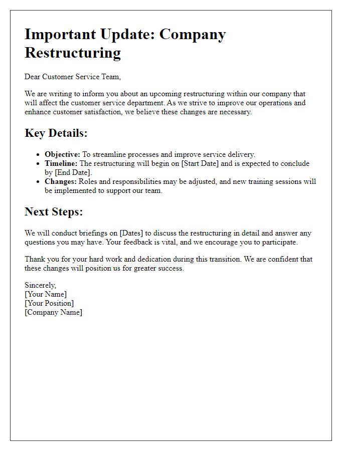 Letter template of company restructuring briefing for customer service teams