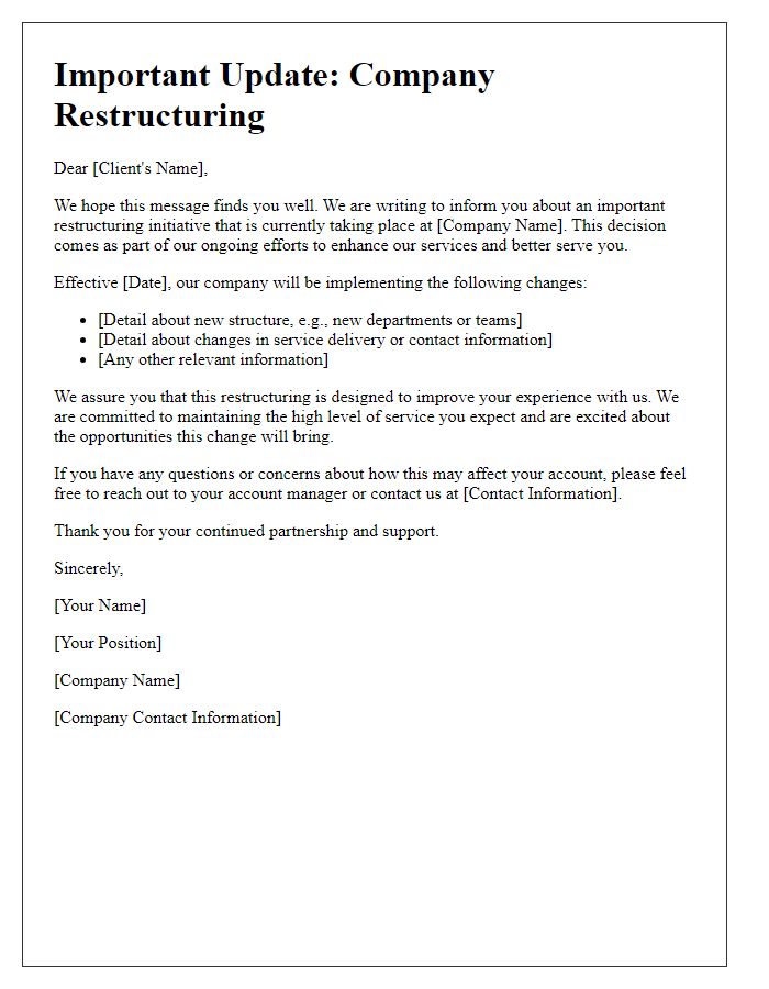 Letter template of company restructuring communication for clients