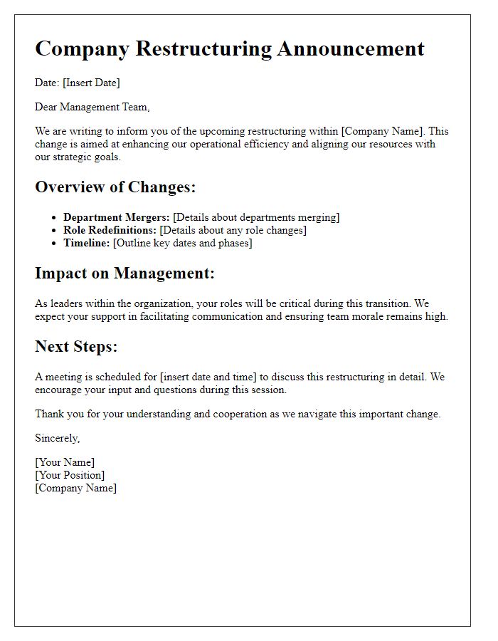 Letter template of company restructuring details for management team