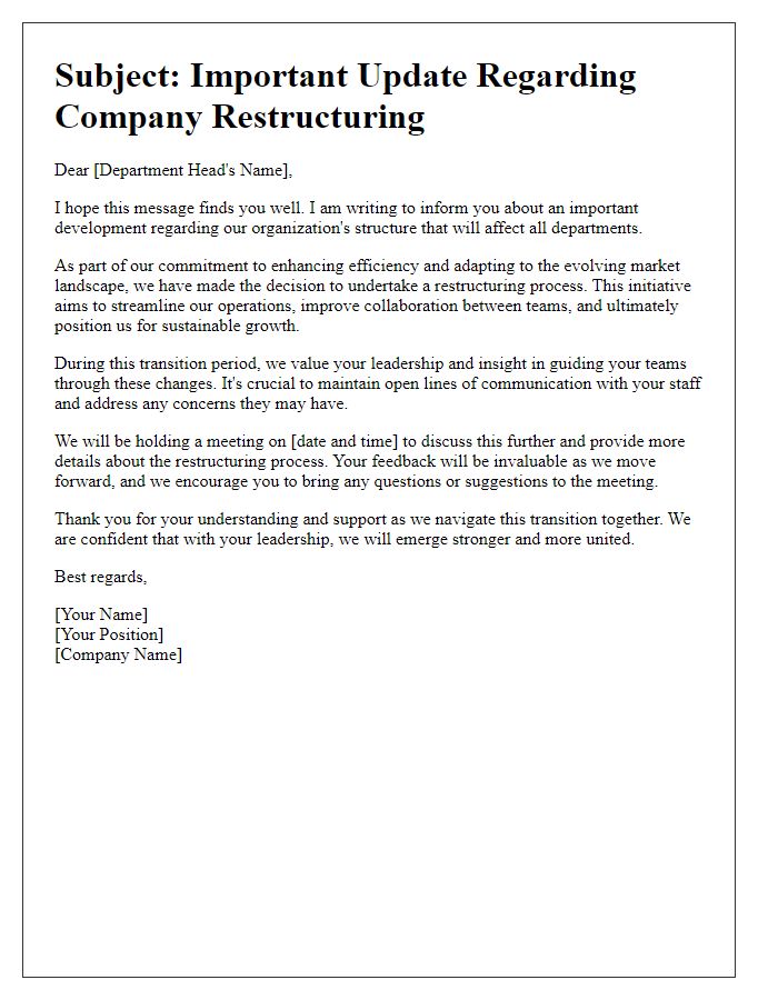 Letter template of company restructuring message for department heads