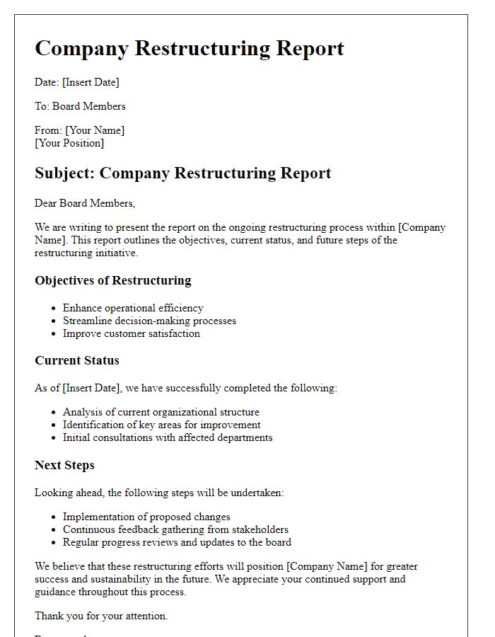 Letter template of company restructuring report for board members