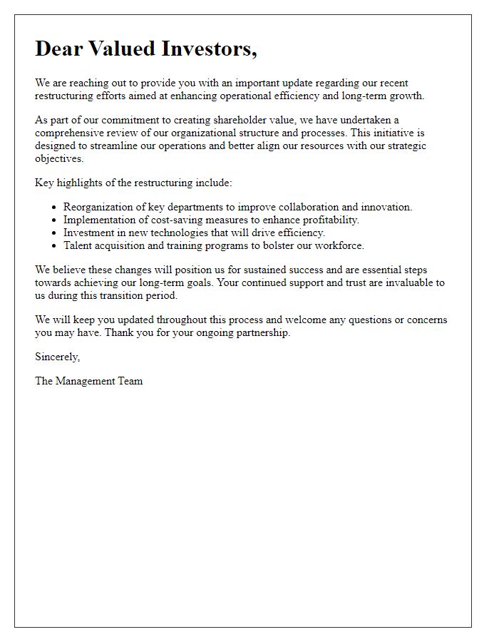 Letter template of company restructuring update for investors