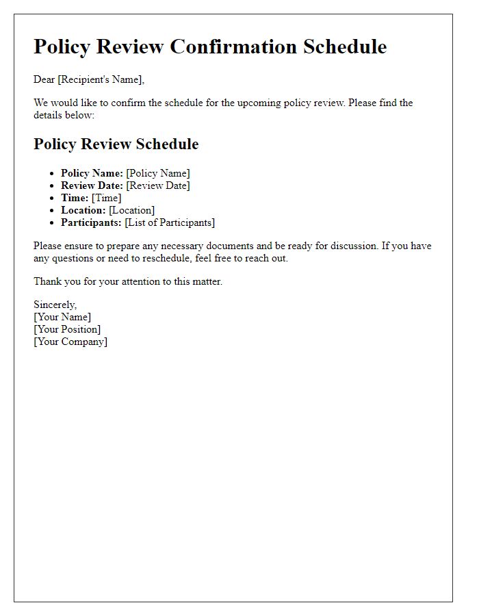 Letter template of Policy Review Confirmation Schedule